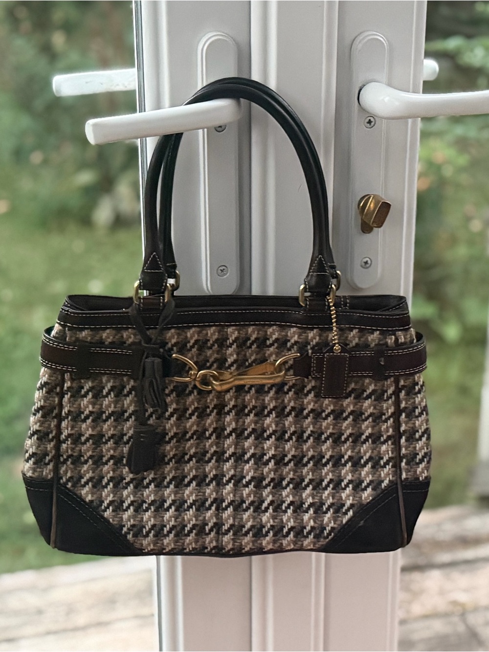 Coach Brown and Cream Houndstooth Top-Handle Satchel